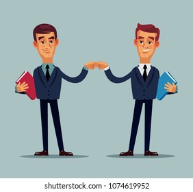 Two happy smiling colleague office worker businessman character. Teamwork career helping hand concept. Vector flat cartoon isolated illustration