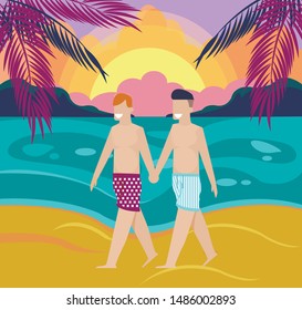 Two Happy Smiling Homosexual Boys in Swimming Suits Walking on Beach. Male Characters Holding Hands and Having Rest at Seaside. Gay Couple on Dating. Flat Cartoon Sunset. Vector Nature Illustration