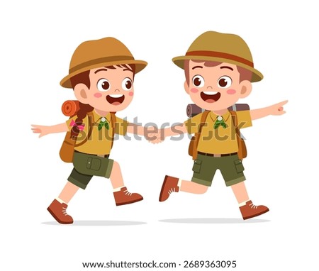 Two Happy Smiling Kids Dressed as Scouts Running Together Outdoors Illustration