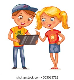 Two happy smiling kids looking at tablet pc computer. Funny cartoon character. Vector illustration. Isolated on white background