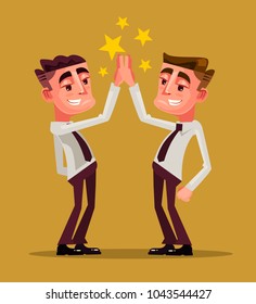 Two happy smiling office workers characters high five. Teamwork concept. Vector flat cartoon illustration