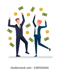 Two happy smiling office workers people businessman characters standing under money rain flow. Successful business concept. Vector flat graphic design cartoon isolated illustration