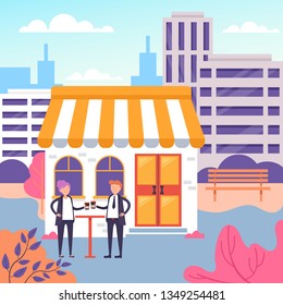 Two happy smiling office workers people businessman characters standing near coffee house cafe building and talking. Coffee break time concept. Vector flat graphic design cartoon isolated illustration