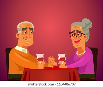 Two happy smiling old people couple grandma and grandpa characters sitting on table restaurant, drinking wine and having date celebrating. Romantic flat cartoon illustration graphic design concept