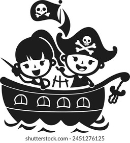 Two happy smiling pirate boy and girl on a pirate ship