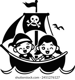 Two happy smiling pirate boy and girl on a pirate ship