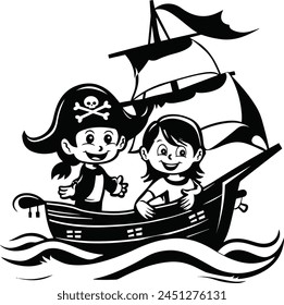 Dos niños y niñas piratas sonrientes felices en un barco pirata