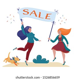 Two happy, smiling pretty women, girls holding banner, placard with Sale text inviting buyers to shopping, flat cartoon vector illustration isolated on white background