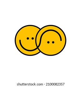 Two happy smiling round faces. Cute friends. Positive mood logo. Funny cartoon comic characters