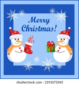 Two happy snowmen give gifts to each other. Christmas greeting card with text box.