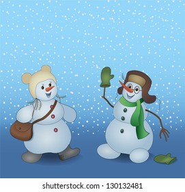 Two happy snowmen on the snowing background