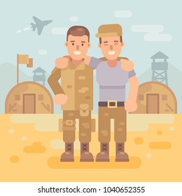 Zwei glückliche Soldaten Freunde in einem Militärlager flache Illustration. Army-Hintergrund