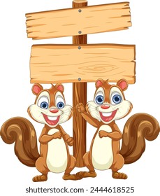 Two happy squirrels holding a blank wooden sign.