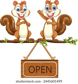 Two happy squirrels holding an open sign.