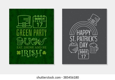 Two Happy St. Patricks day grunge vintage posters for St. Patricks day party. Design concept for greeting card, festive invitation, t-shirt, template, banner, postcard, poster. Vector illustration.