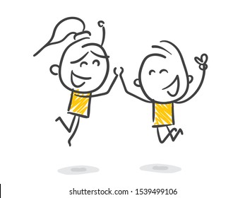 Two Happy Stick Figures Jumping Vector