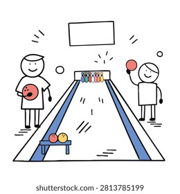 Two happy stick figures standing by a bowling alley lane holding bowling balls ready to play the game