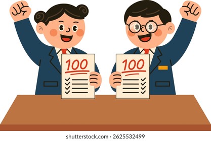Dois dos estudantes felizes segurando provas perfeitas com 100 notas, comemorando o sucesso acadêmico.