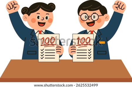 Two of happy students holding perfect test papers with 100 scores, celebrating academic success.