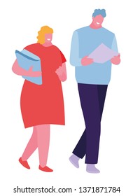 Two happy students walking and talking each other in a campus. Vector illustration in a flat cartoon style