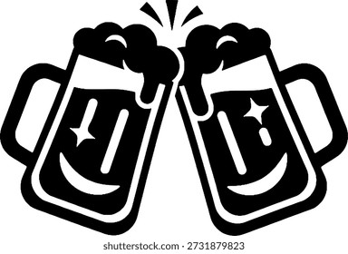 Dos tazas de cerveza estilizadas felices que tintinean juntas en un brindis alegre en fondo transparente