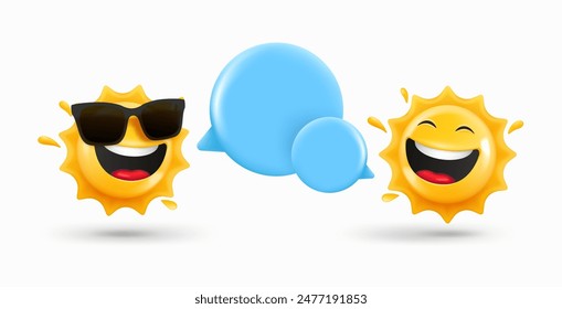 Dos emoticonos de sol feliz con burbujas de habla. Ilustración vectorial 3d
