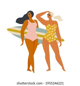 Two happy Surfer girls walking with boards on the sandy beach beautiful young women at the beach. Active summer. Healthy Lifestyle. Surfing. Summer Vacation. Flat vector illustration. 