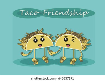 Two Happy Tacos Holding Hands and Rejoicing in Life. Vector Illustration