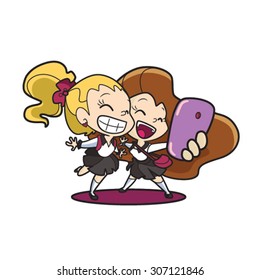 Two happy teen girls taking a selfie with their cell phone