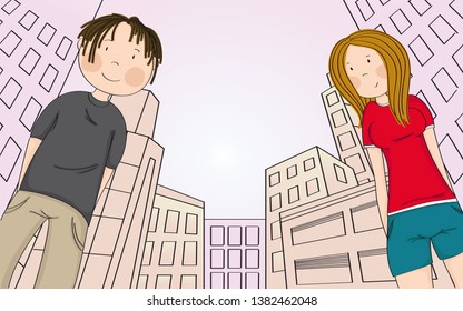 Two happy teenagers, boy and girl looking down at the camera and smiling, big city behind them - original hand drawn illustration