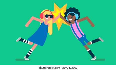 Two Happy teenagers giving high five, Hit the hand gesture. Friendship and communication concept, blonde teenage and african afro girl celebrate, Flat avatar vector illustration.	
