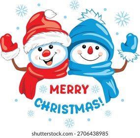 Dos muñecos de nieve saludando felices. Diseño festivo para una tarjeta de Navidad. Vector