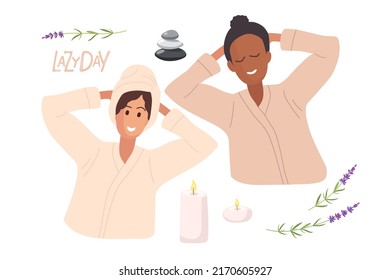 Two happy woman best friends on Lazy Day. Smiling African-American and caucasian women resting. Hand drawn portraits. Spa skin care treatment of girlfriends in bathrobe isolated on white background