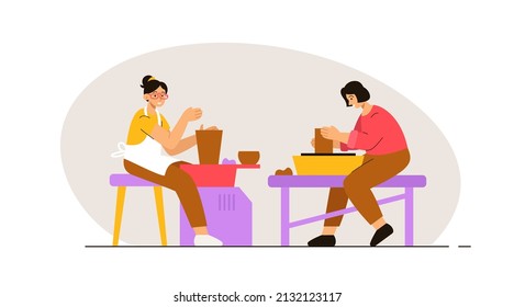 Two happy woman creating pottery on potters wheel in studio. Workshop, creative hobby and art therapy concept. Modern flat vector illustration