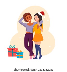 Two happy women celebrate Christmas, Happy New Year. Cartoon character illustration in flat style. Snow and gifts on background