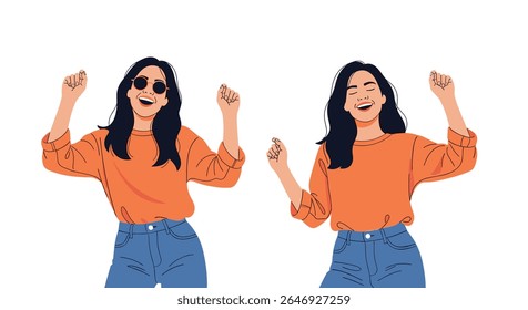 Two Happy Women Dancing Joyfully Together Outdoors in Casual Clothes With Arms Raised in Celebration