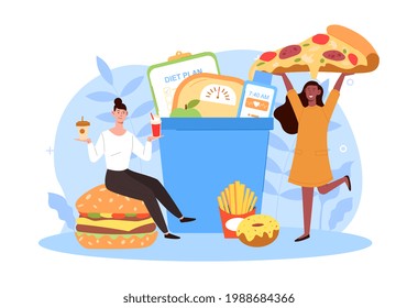 Two happy women are eating tasty junk food breaking diet together. Concept of people refusing to eat healthy prefering to eat fat food and throw healthy meal to trash. Flat cartoon vector illustration