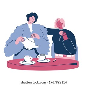 Two happy women enjoying coffee drink, flat vector illustration. Female friends chatting, drinking tea while sitting at table. Coffee break. Tea time.