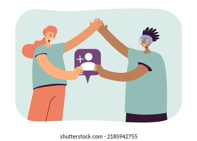 Two happy women with friend symbol holding hands. Girls becoming friends on Internet flat vector illustration. Global communication, friendship, social media concept for banner or landing web page