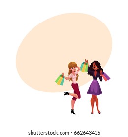 Two happy women, girls, friends with shopping bags, holiday sale concept, cartoon vector illustration with space for text. Couple of girls, women with shopping bags, happy shopping concept