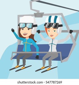 Two happy women sitting on ski elevator in winter mountains. Skiers using cableway at ski resort. Skiers on cableway in mountains at winter sport resort. Vector flat design illustration. Square layout