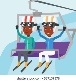 Two happy women sitting on ski elevator in winter mountains. Skiers using cableway at ski resort. Skiers on cableway in mountains at winter sport resort. Vector flat design illustration. Square layout