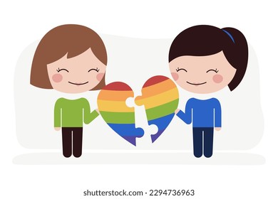 Two happy women uniting their love with a heart puzzle with colors of the LGBT flag. Vector illustration of pride day and month, with flat background
