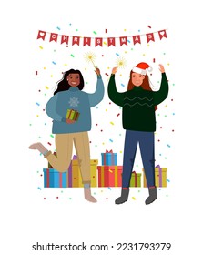 Two happy womens with Christmas presents and confetti on background. Beautiful element for your New Year design. Christmas eve, happy celebration, office party, family dinner 