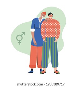 Two happy yound people standing together close. Androgynous teenagers. Gender neutral appearance. Transgender,Pride and freedom concept. Vector hand drawn flat illustration