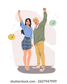 Two happy young adults raising fists in unity, cartoon style, standing on a neutral abstract background with check marks, concept of success and teamwork. Vector illustration