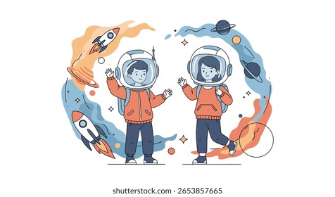 Dos jóvenes astronautas felices explorando el vasto universo lleno de planetas, estrellas y cohetes que muestran la emoción de los viajes espaciales y el descubrimiento