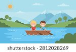 Two happy young boys rowing a wooden boat together on a quiet lake surrounded by green hills and snowy mountains.