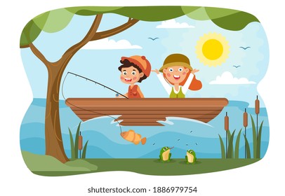 Two happy young children fishing on a lake in summer in a little wooden rowboat, colored cartoon vector illustration