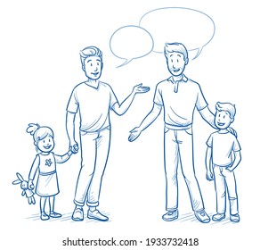 Two happy young fathers single parent fathers are talking (with two children approx  3   7 years old)  Hand drawn line art cartoon vector illustration 